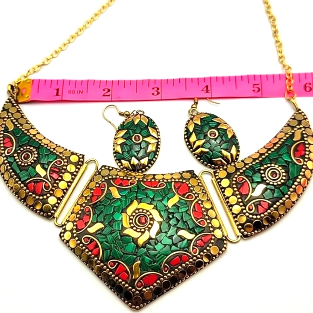 MALACHITE & RED CORAL GEMSTONE GOLD PLATED TIBETAN NECKLACE & EARRING SET 16-17" - Picture 10 of 10